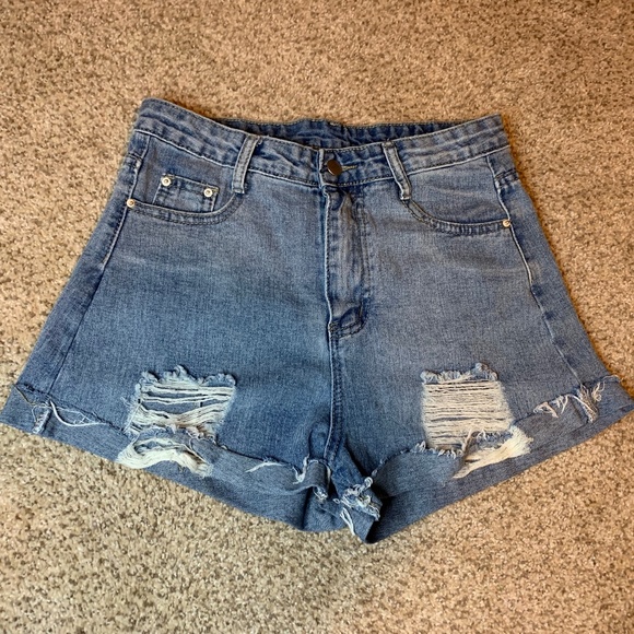 SHEIN Pants - SHEIN High Waist Distressed Cut Off Raw Edge Roll Hem 5 pocket Denim Jean Shorts